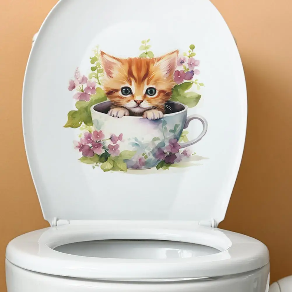 Teacup Cat Flower Toilet Sticker Removable Self-adhesive Waterproof PVC Living Room Wall Art Bathroom Toilet Lid Decoration Deca