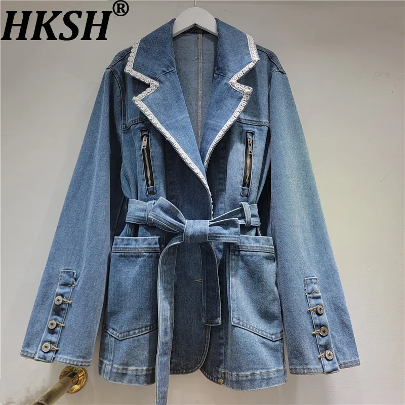 HKSH 2026 Spring New Women Denim Jacket Turn-Down Collar Belted Pocket Patchwork Color Block Retro Safari Style Y2K Coat HK17628