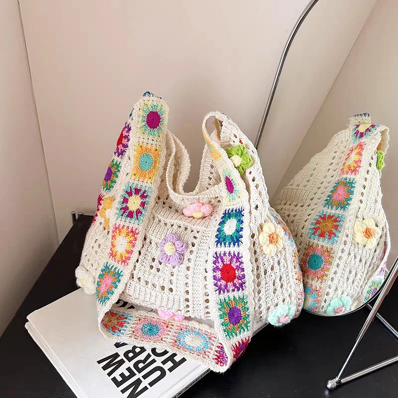 Women Colorful Crochet Tote Bag, Boho Handmade Granny Square Shoulder Bag, Summer Woven Hobo Purse