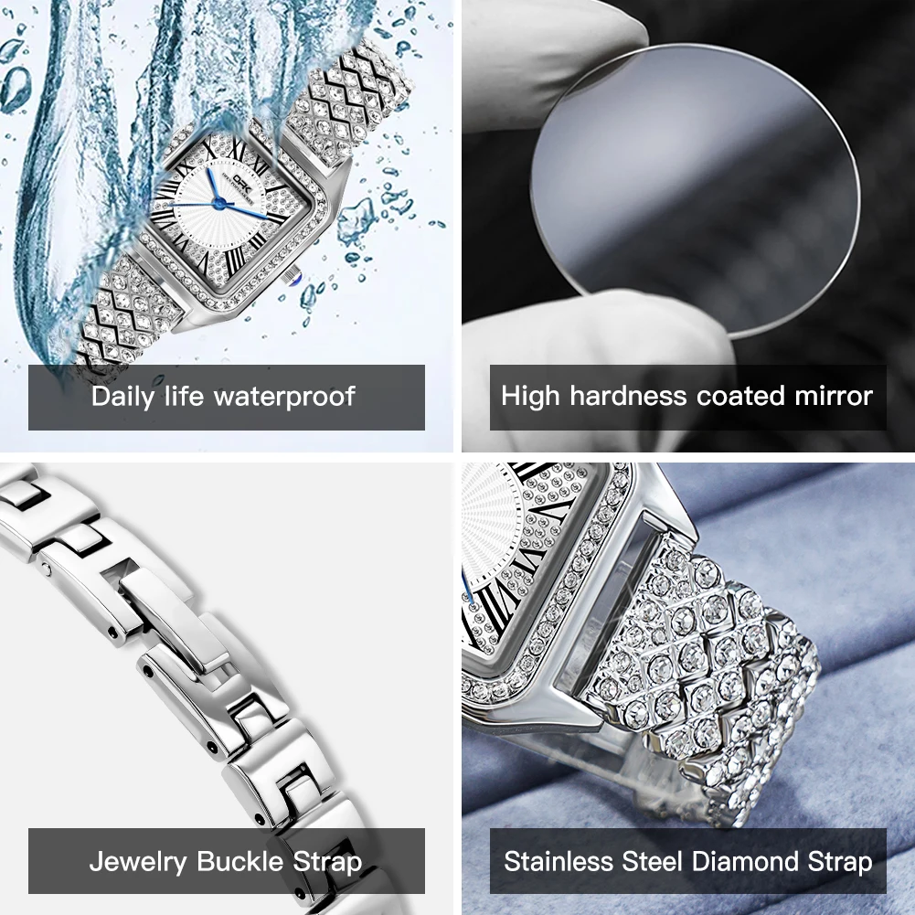 ساعة كوارتز للسيدات بحزام فولاذي بمقياس روماني مقاومة للماء من الماس بالكامل من OPK 8619