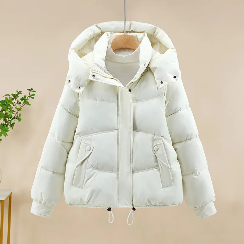 Solid Parkas Coats Women Short Jackets Detachable Hooded Drawstring Zipper Pocket Long Sleeves Thick Loose Casual 2025 Winter