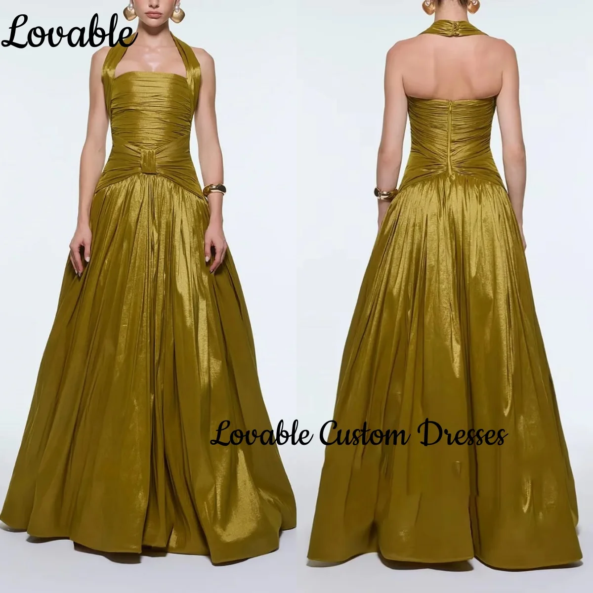 

Вечернее платье на заказ, золотое трапециевидное платье с лямкой на шее, свадебное платье длиной до пола, с рюшами, без рукавов, на молнии, платья для выпускного вечера