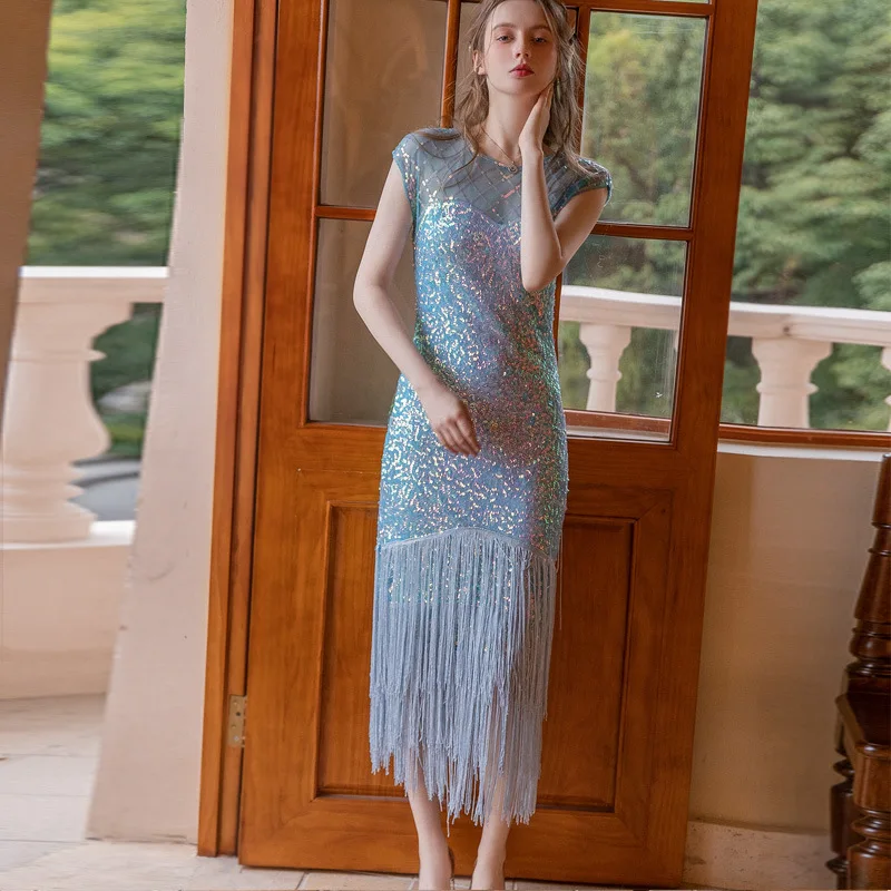 Sexy Female Sequin Fringe Dress O-Neck Sleeveless See Through Mesh Bodycon Tired Tassel Dress Glitter Banquet Party Club Dress