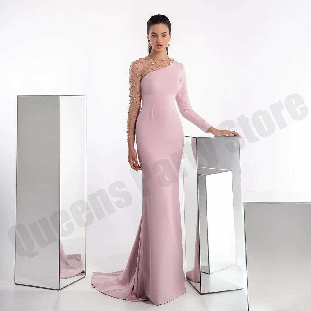 Brush Pink Mother of The Bride Dress Custom Size Long Sleeves Beading Pearls Jesey Stretch Mermaid Evening Dresses Guest Gown