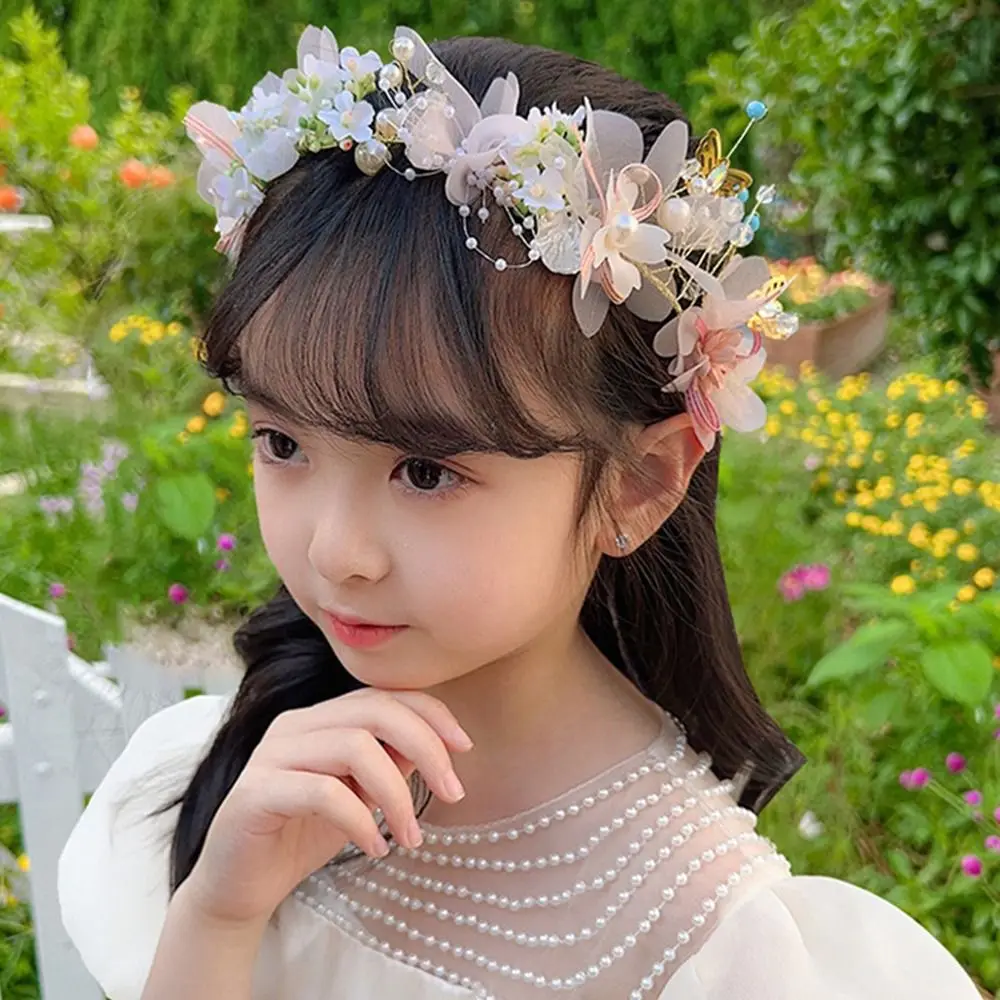 Pearl Cloth Butterfly Headdress Photography Props Hair Hoop Korean Style Headband Girl Flower Crown Children Wreath