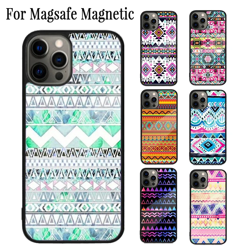 Tribal Aztec Geometric Colour Magnetic Phone Case For iPhone 16 15 14 Plus 13 12 Mini 11 Pro Max Magsafe Wireless Charging Cover