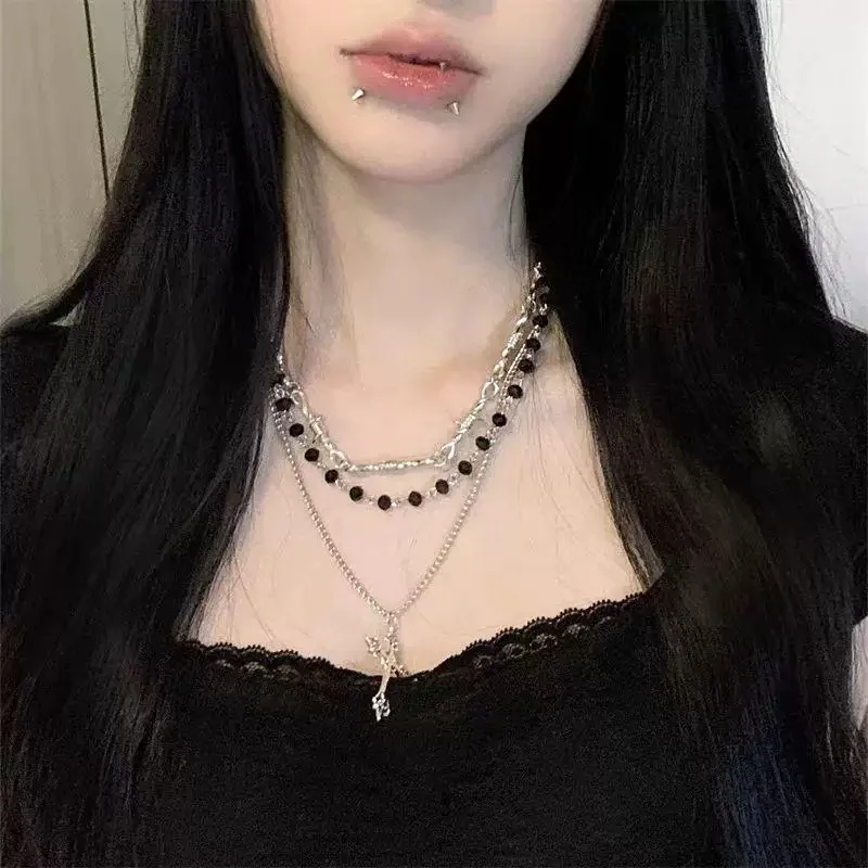 Edgy Punk Multi Layered Cross Pendant Necklace Vintage Dark Aesthetic Stackable Choker Neck Jewelry for Girls Street Matching