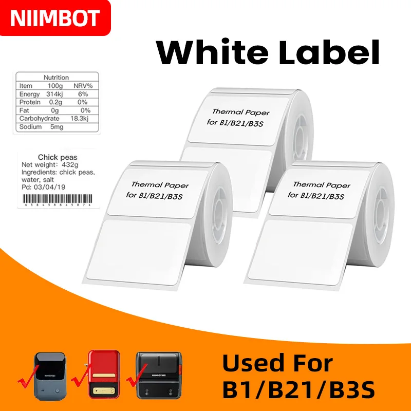 30-50mm Niimbot B21/B1/ B3S Printer Label Paper 2 Roll White Sticker Print Papers Rolls Tear-proof Water Oil-proof Adhesive