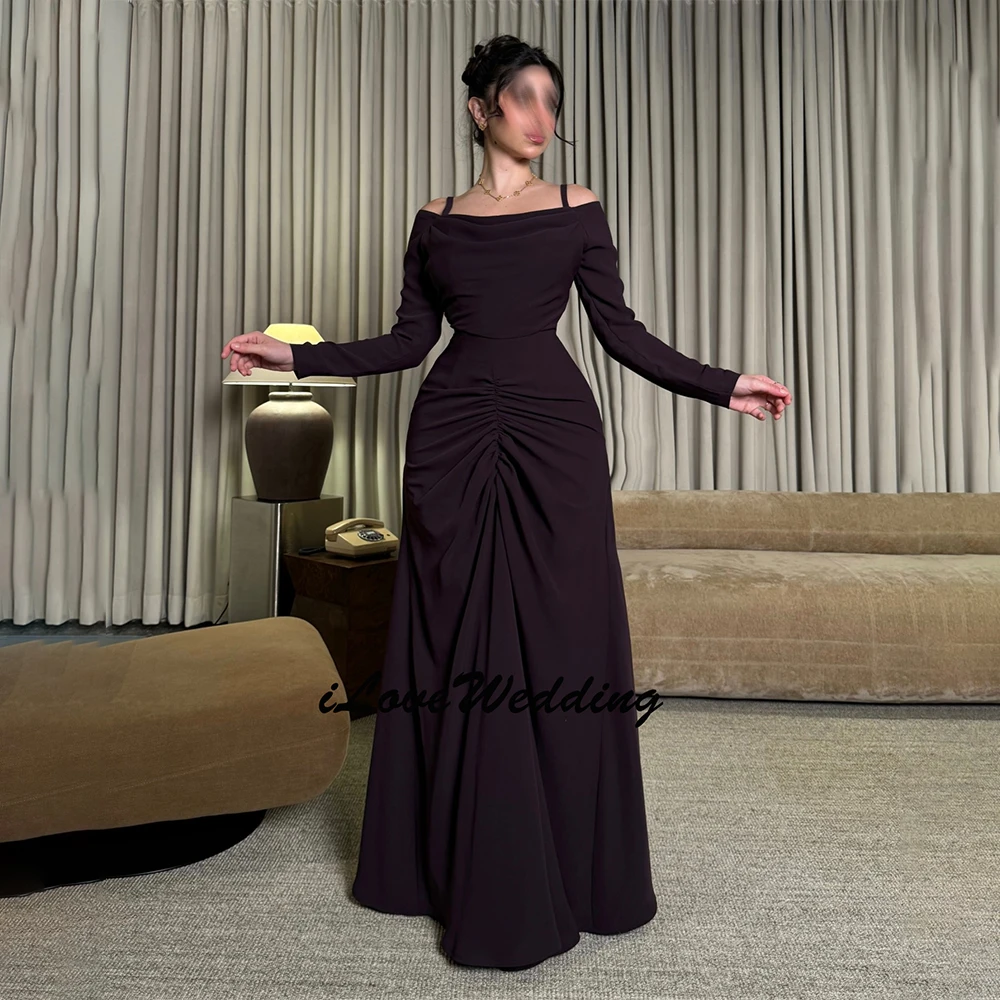 

Customized Elegant Long Sleeve Purple Evening Dresses Off Shoulder Mermaid Boat Neck 2026 Floor Length Zipper Back Prom Dress