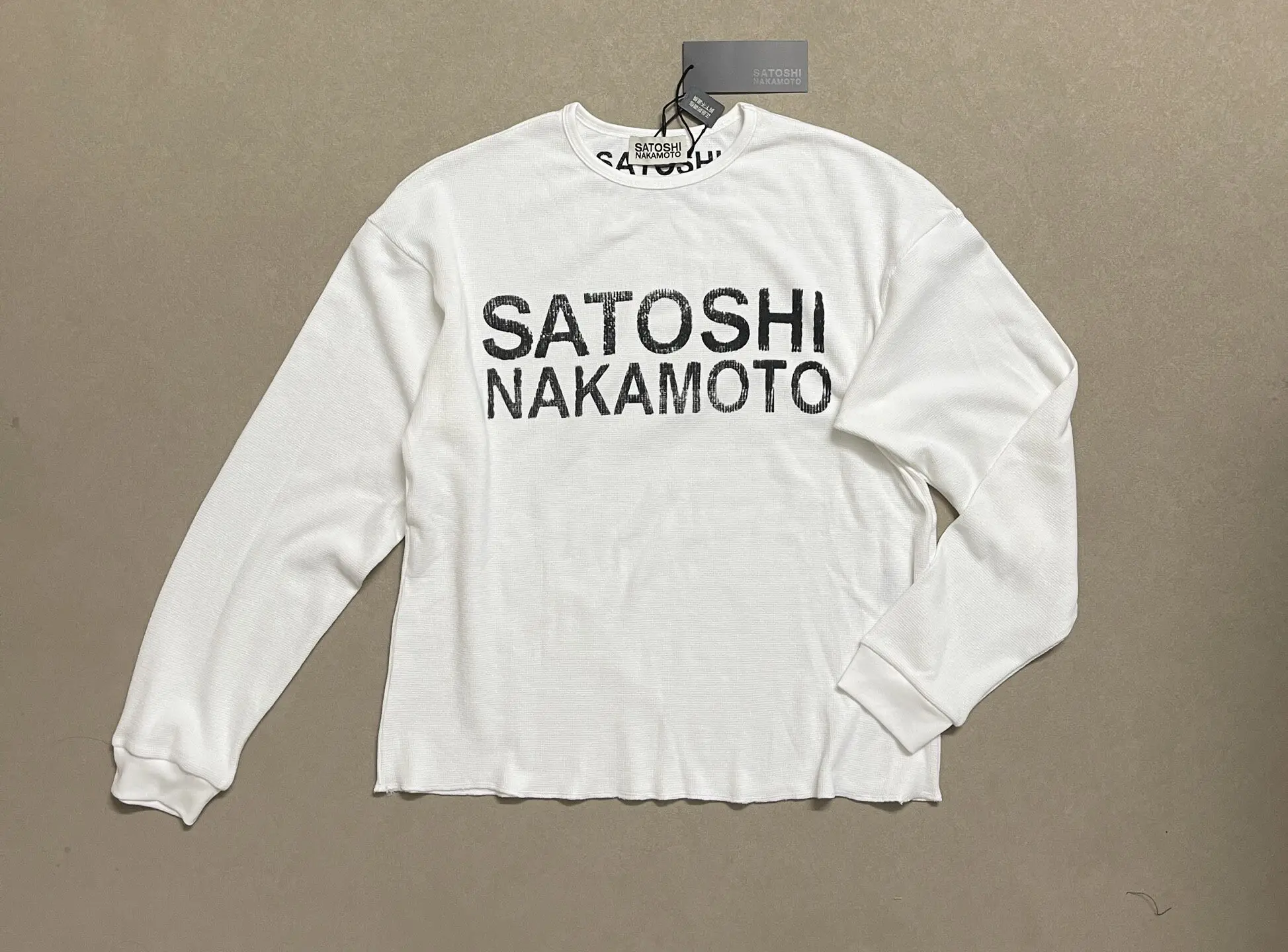SATOSHI NAKAMOTO Waffle Knit Long Sleeve T Shirt Unisex Oversized Letter Print Casual Streetwear Layering Top Autumn