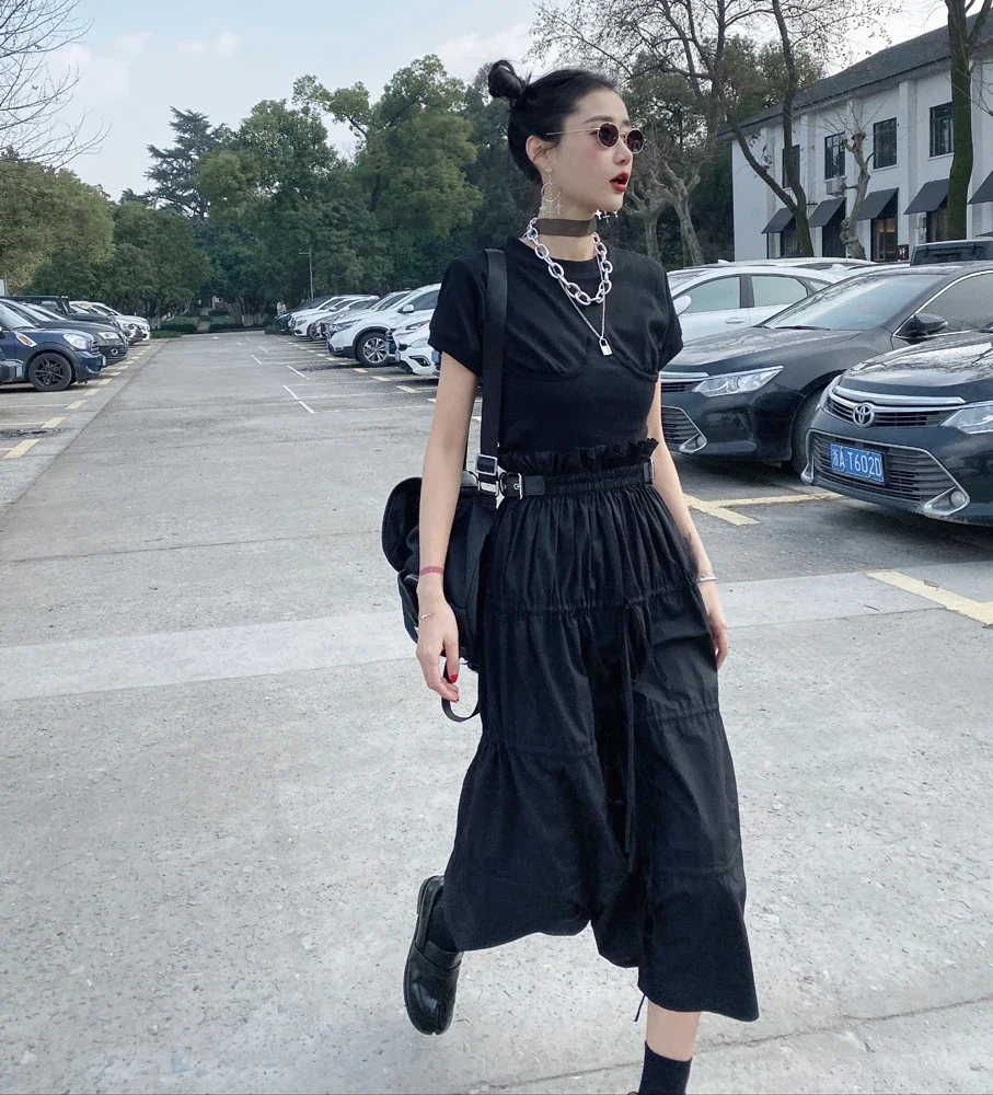 Desinger High Waisted Skirts Womens 2021 Fall Drawstring Ruched Long Midi Goth Skirt With Leather Belt Clothing