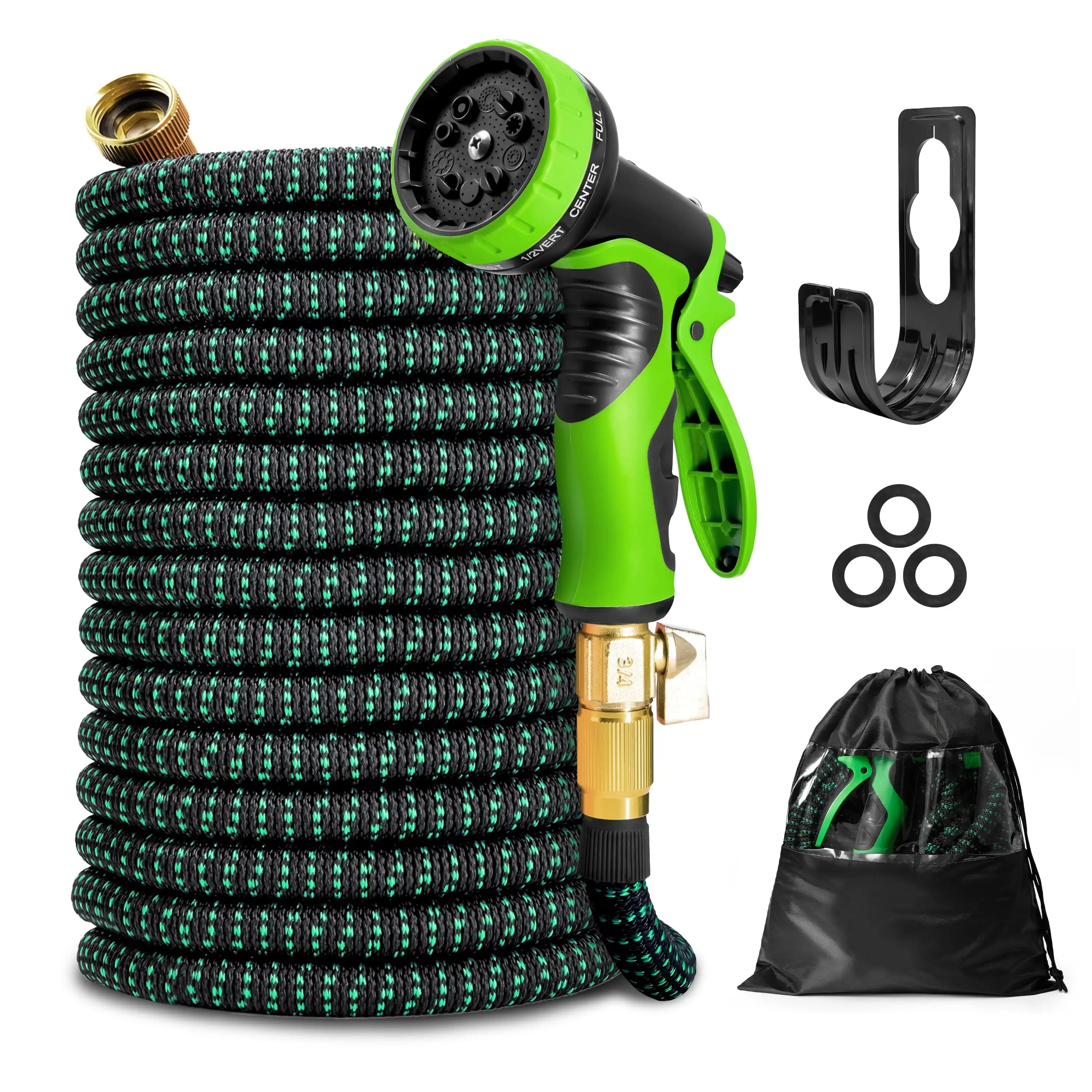 100 ft Flexible Garden Hose, Water Hose for Outside with 10 Spray Nozzles, Brass Connector, Leak-Proof, Green