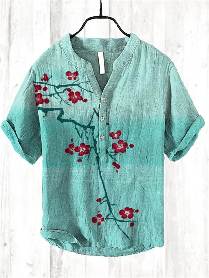 Summer new men's clothing plum blossom on shirts, casual short sleeved loose top