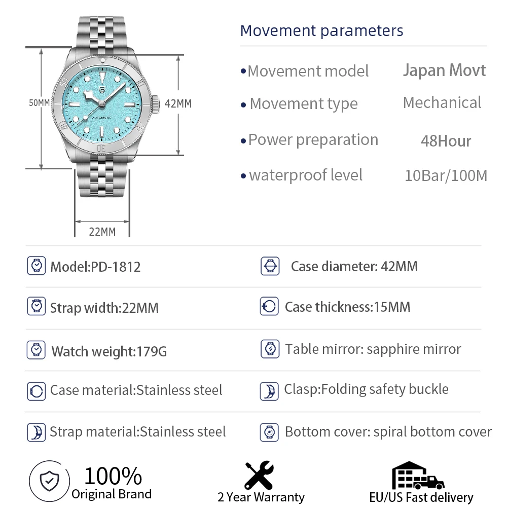 PAGANI DESIGN 2026 New Stainless steel Bezel BB54 Jubilee Bracelet Retro Automatic Watch For Men Ice Blue Mechanical Wristwatch