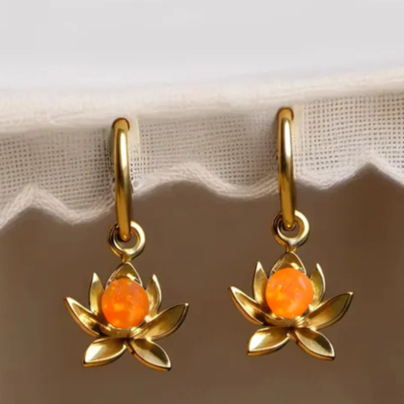 Luxurious Distressed Floral Lotus-Shaped Inlaid with Artificial Gemstones Earrings for Ladies. Suitable for Date, Shopping Outfi