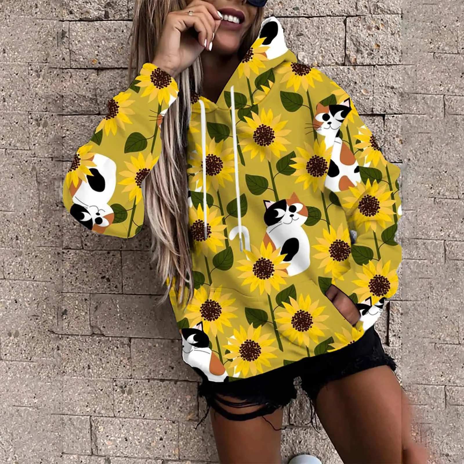 動物猫花 3D プリントパーカー女性のパーカーストリート特大プルオーバー Y2K フード付きスウェットトップス女性コート服
