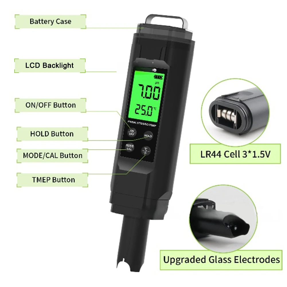 Compact Water Tester Accurate Multi Parameter Measurements Including PH EC Salt & Temperature for Hydroponics Use