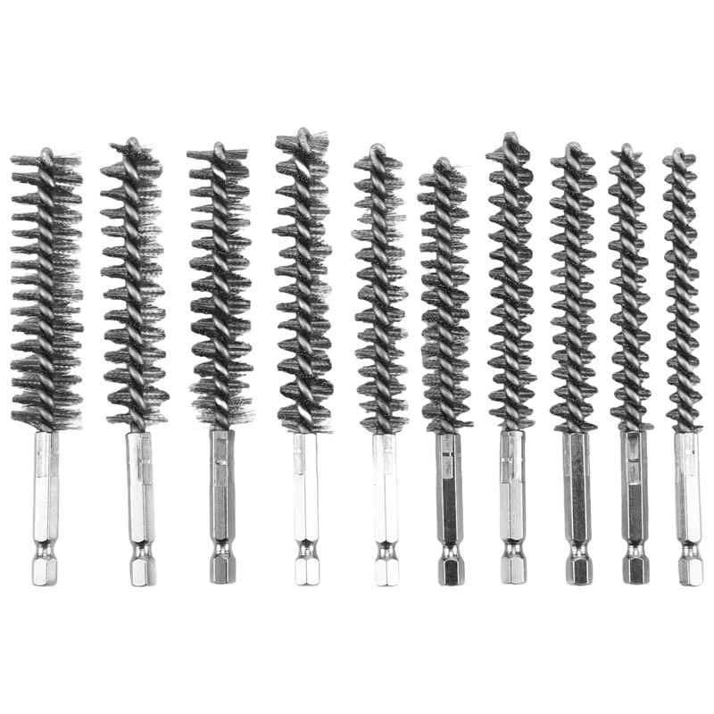 10Pcs Stainless Steel Bore Brush In Different Sizes 1/4Inch Hex Shank,Wire Brush Attachment For Drill Set