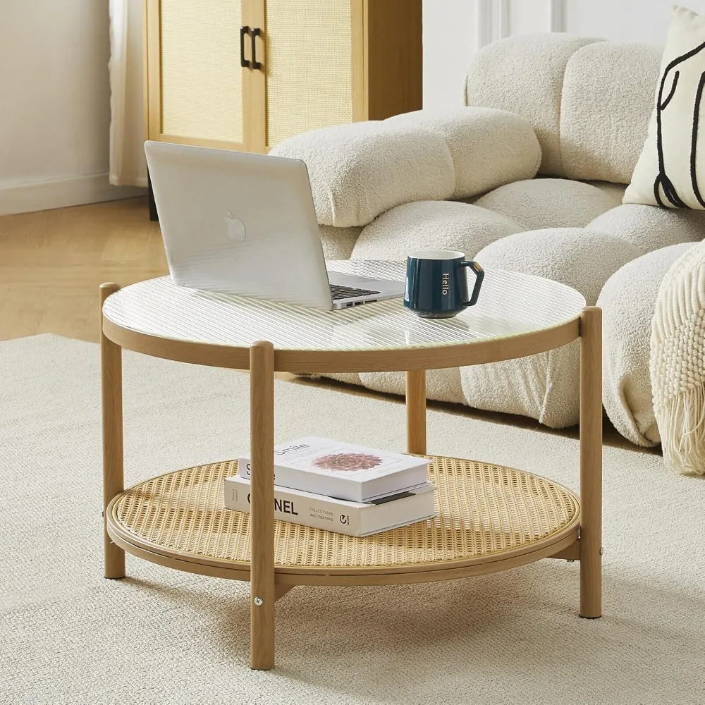 

Contemporary Glass Coffee Table for Living Room, Tempered Glass Top & Boho Rattan Shelf for Storage, Metal Frame Sofa