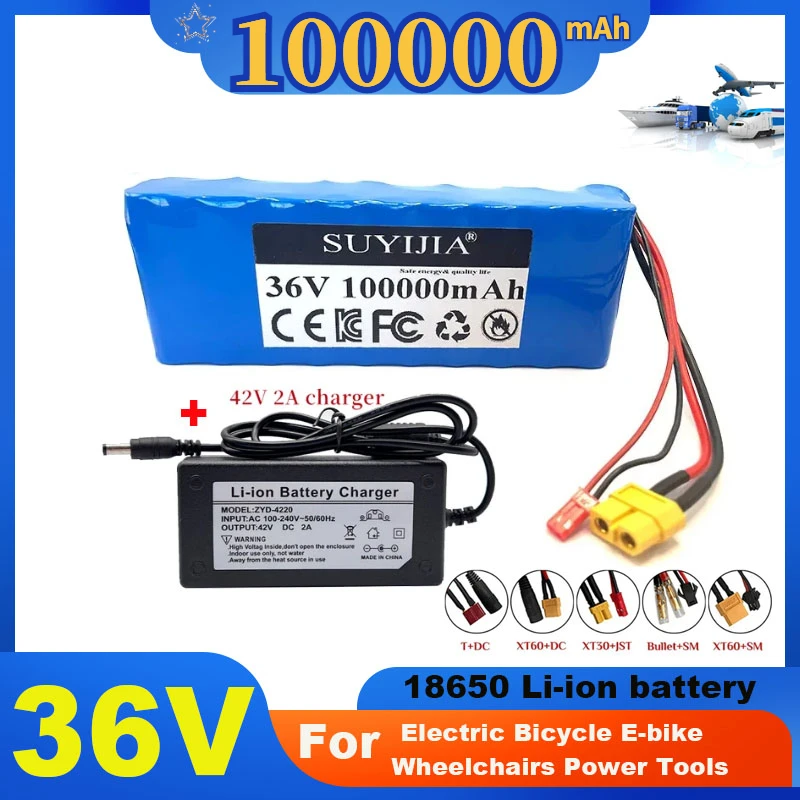 New 36V Lithium Battery Pack 10S2P 18650 100Ah 1000W Battery for Electric Bicycle E-bike Wheelchairs Power Tools +42V 2A Charger