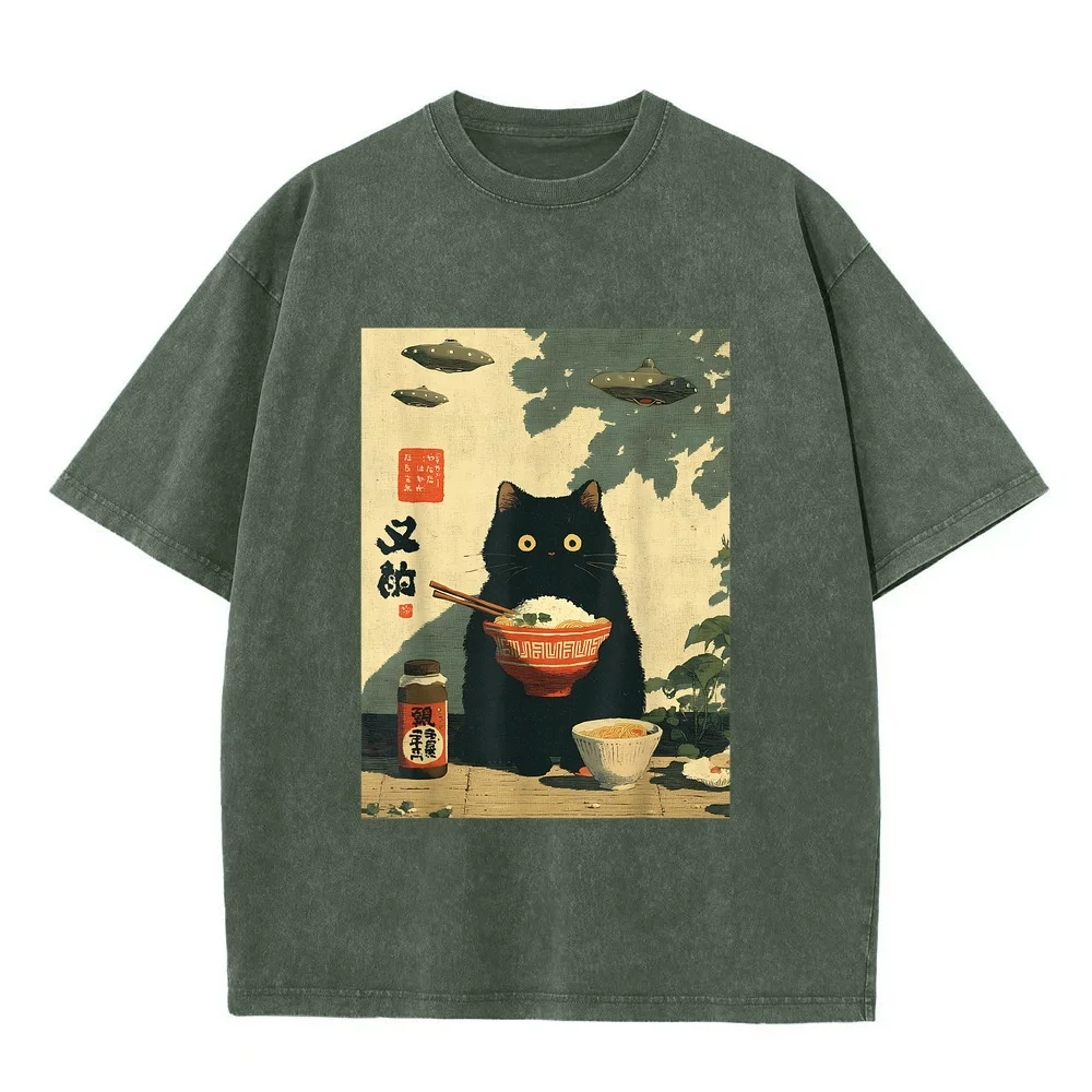 Funny Vintage Japanese Cat UFO Alien Men Women Kids Kawaii T-Shirt 반팔티 Streetwear Man Y2k Men's Clothing Full Size Round Cotton