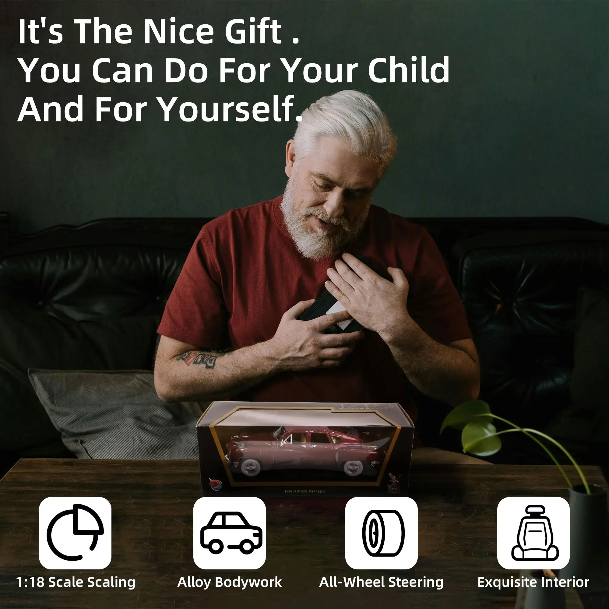 1948年タッカー・トーピード 1/18スケール ダイキャストメタルモデル プレミアムクラシックビンテージ合金車 ディスプレイケース付き、開閉ドア付き