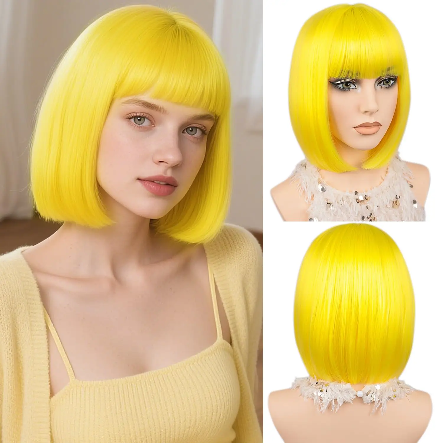 Yellow bob hairstyle synthetic wig for Halloween cosplay wig for role-playing, daily party, high-temperature hairnet