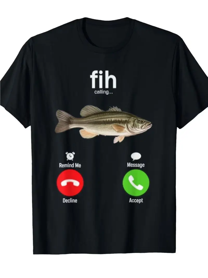Fun Fishing Print T-Shirt Fish Are Calling Graphic Tee Lightweight Casual Angler Gift Phone Button Joke Design Summer Outdoor Activity Top