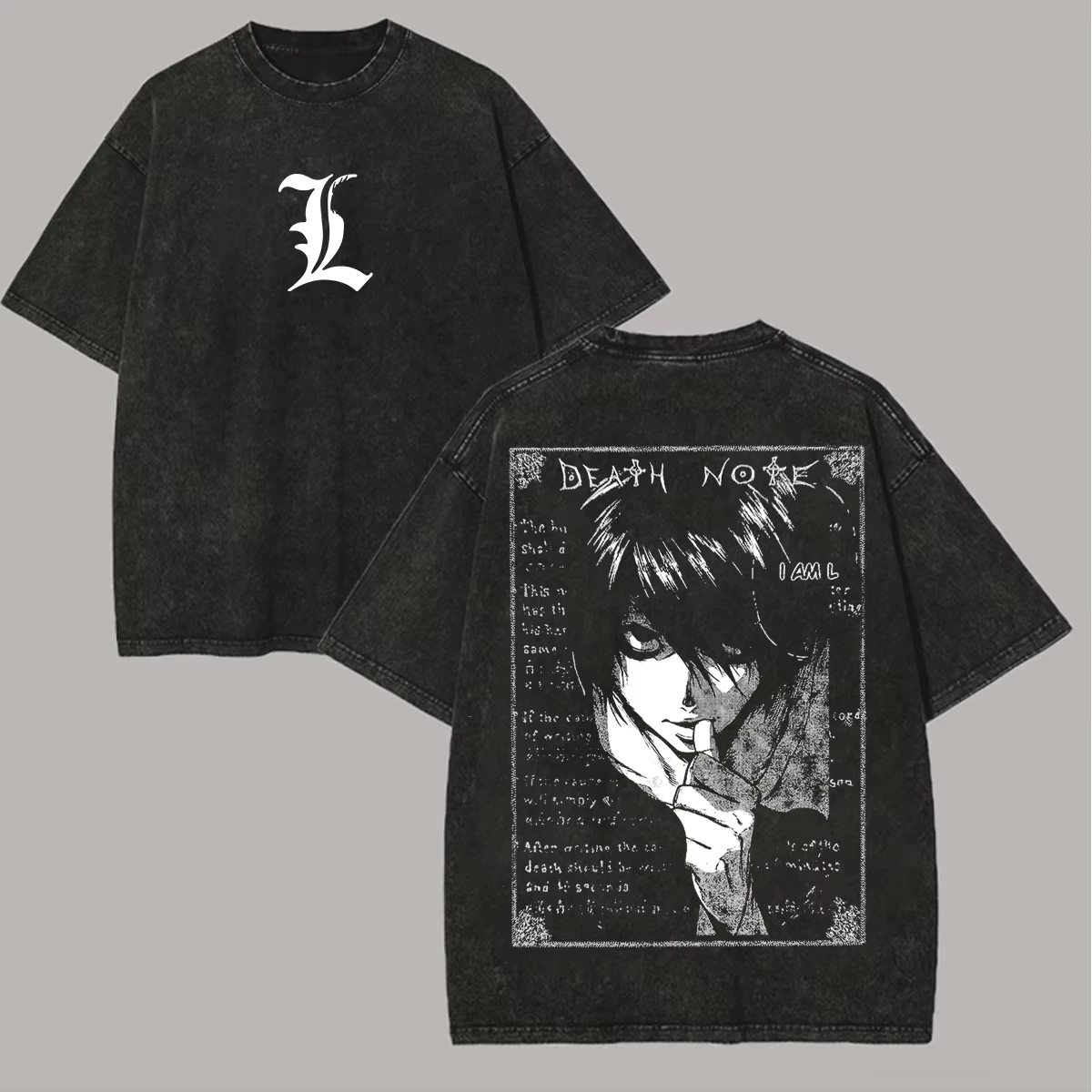 Death Note L Vintage Washed T‑Shirt Anime Manga Print Short Sleeve Men Oversized Unisex Harajuku Streetwear Casual Loose Tops