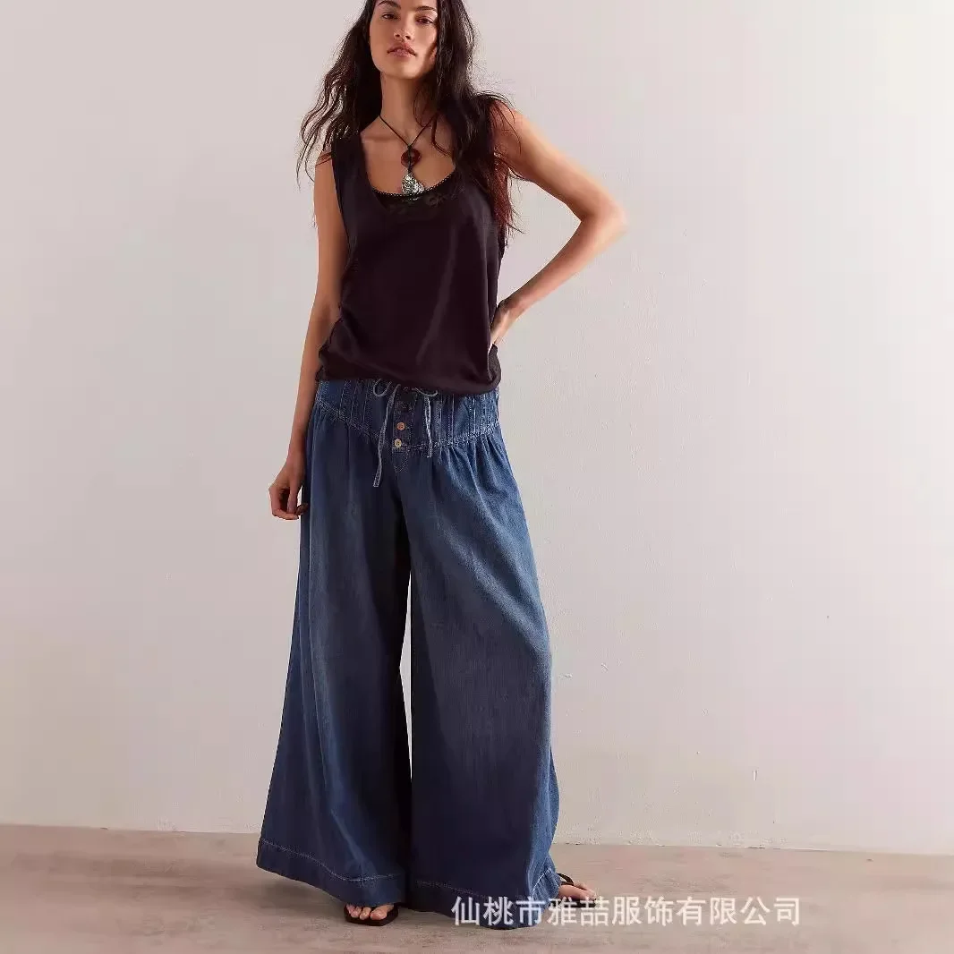 High Street Trend Lace-up Denim Wide-leg Pants Women's Four Seasons New Fashion Pleated Mid-waist Loose Comfortable Jeans Women