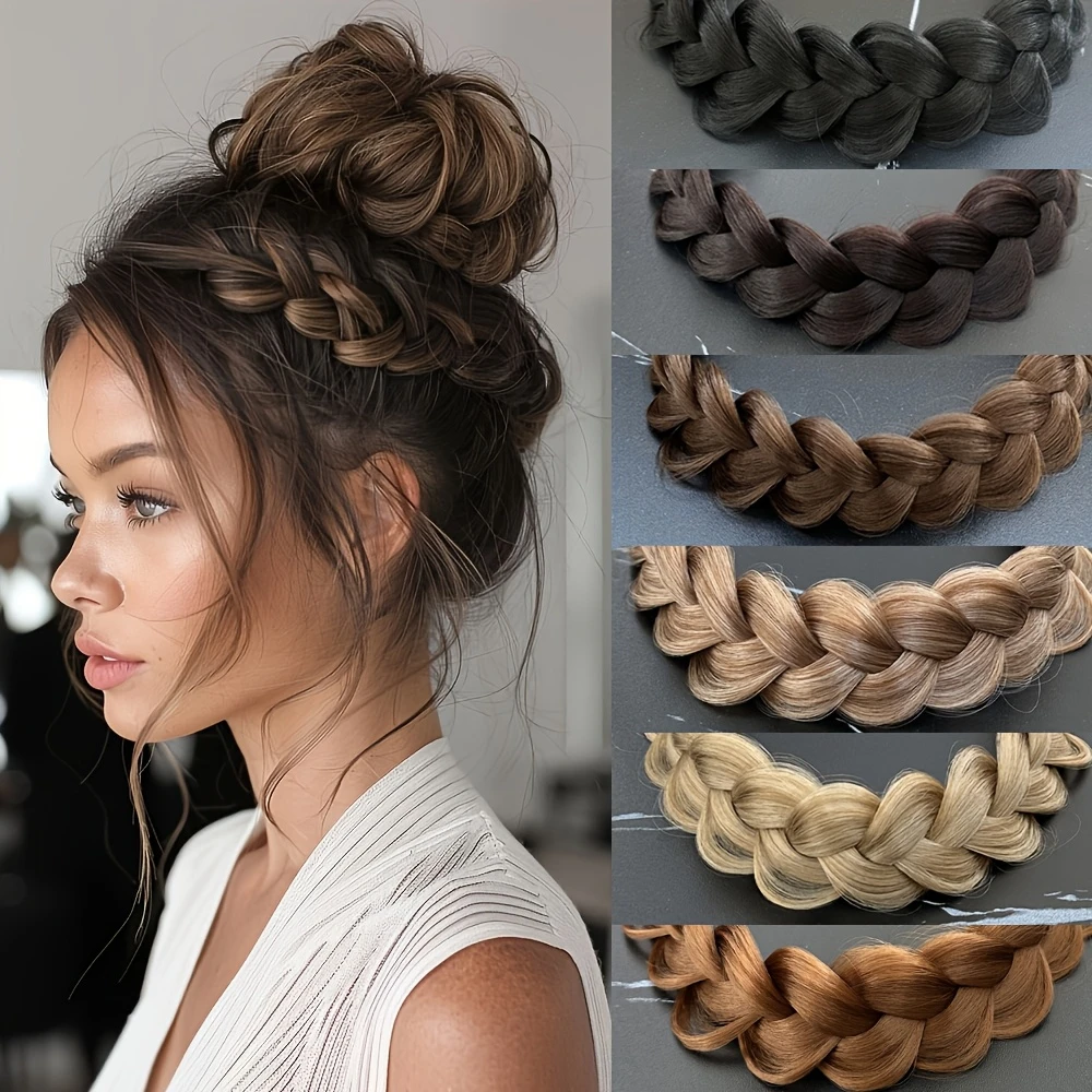 Women' Non-Slip Elastic Stretch Braided Headband with Elevating Hairpiece - Straight Synthetic Hair Fishbone Braids Hairband