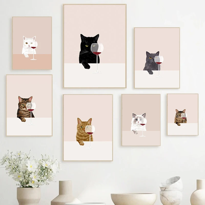 Minimalist Cute Cats With Wine Canvas Painting Kawaii Kitty Animal Wall Art Poster Print For Living Room Home Decor Cuadros - Image 3