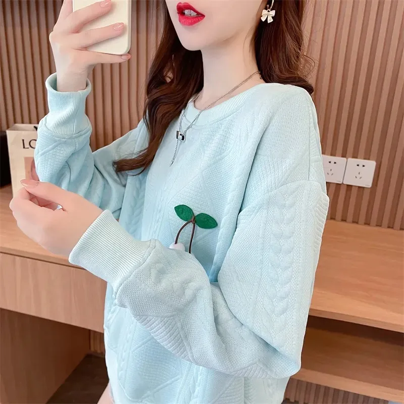 Women's Cherry Embroidered Sweater Quilted Knit Casual Long-Sleeve Top Hoodies