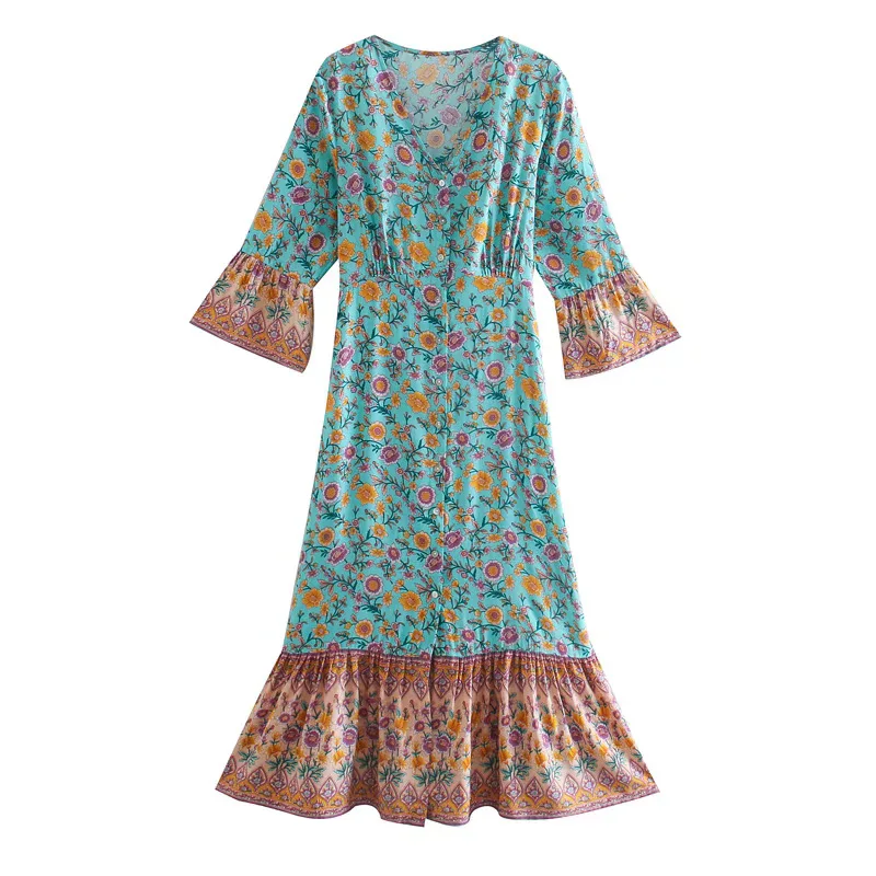Dave&Di 2026 Summer New European And American Style Women's Clothing Cotton Positioning Printed Long Dress