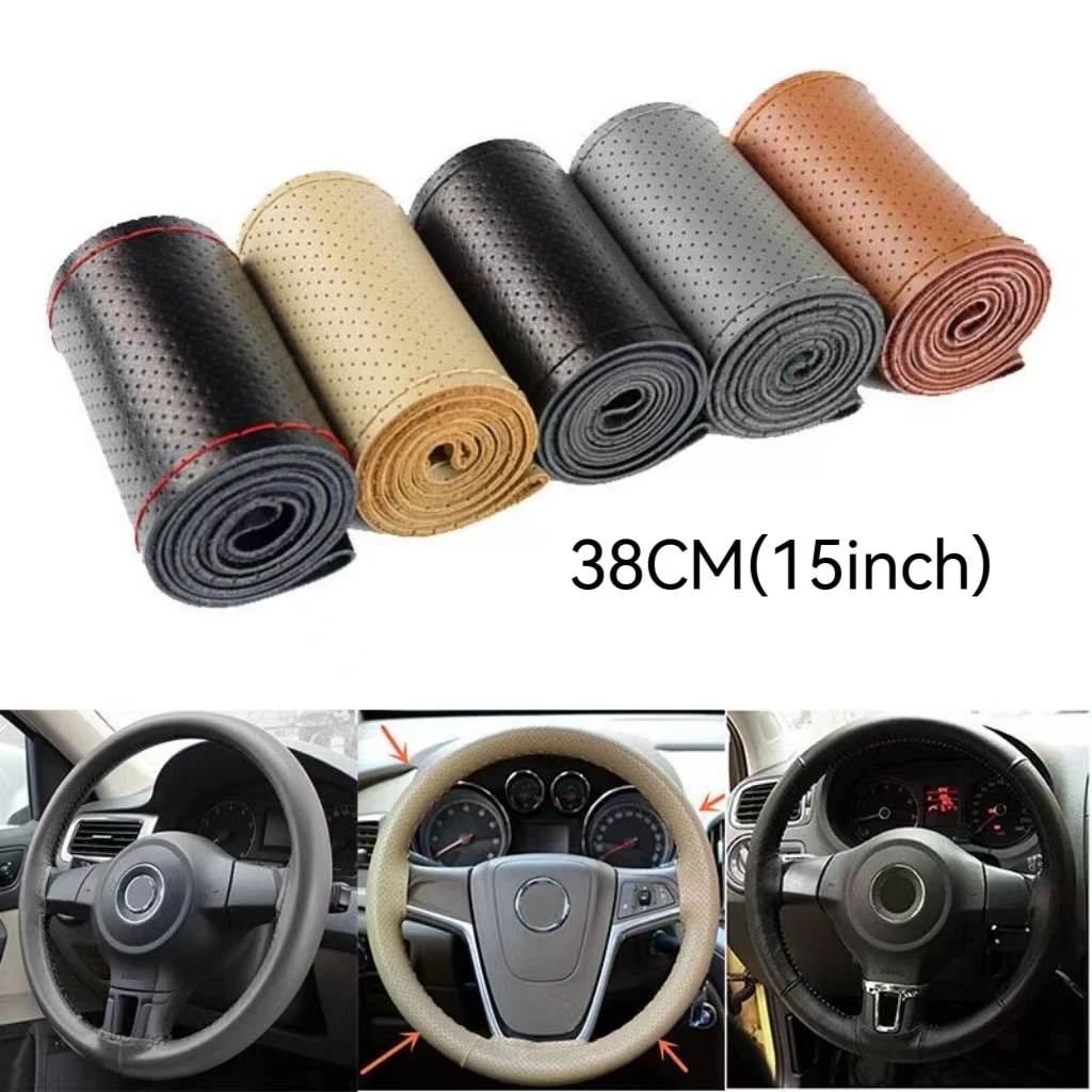 

38cm DIY Soft Leather Steering Wheel Covers Braid Car Steering Wheel Cover With Needle Thread Anti-slip Breathable for Car