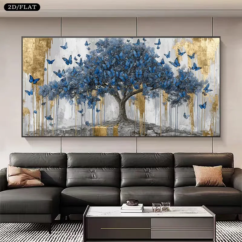 1pc frameless Canvas Painting 1pc Large Blue Butterfly Tree Abstract Wall Art - Frameless Navy Golden White Grey Canvas, 31.5