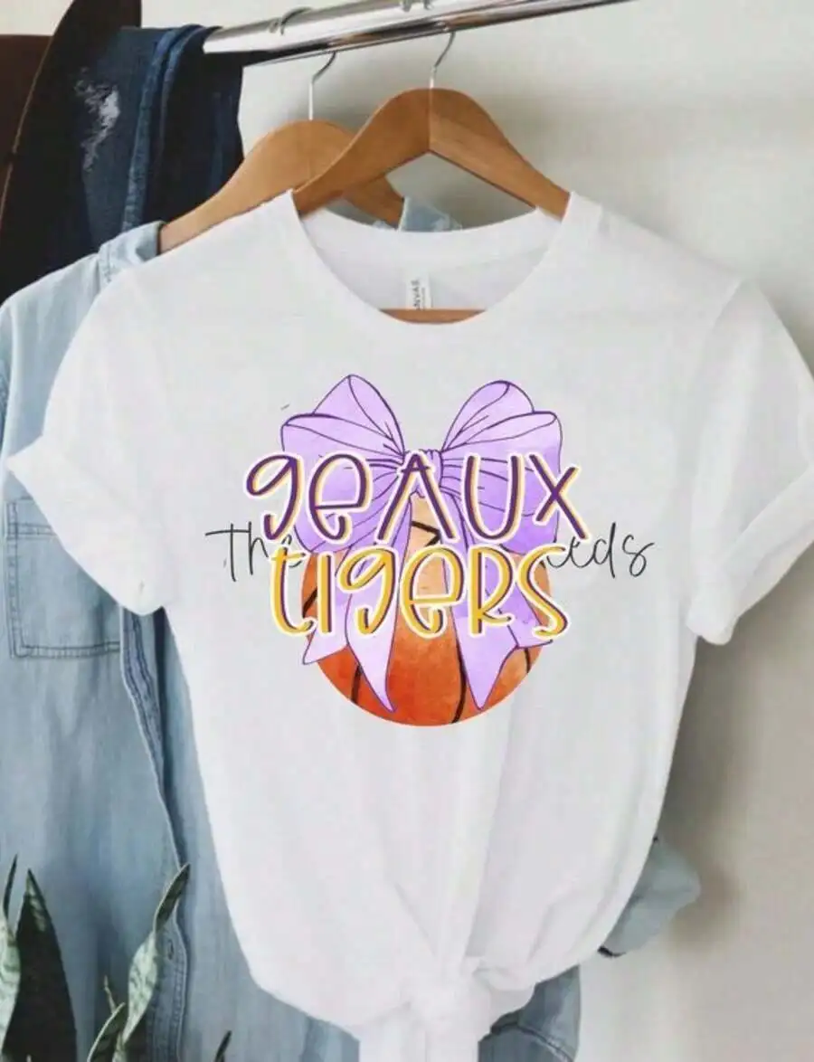 

Purple Yellow Tigers Bow Basketball Graphic Tee Women Casual Cotton T-Shirt