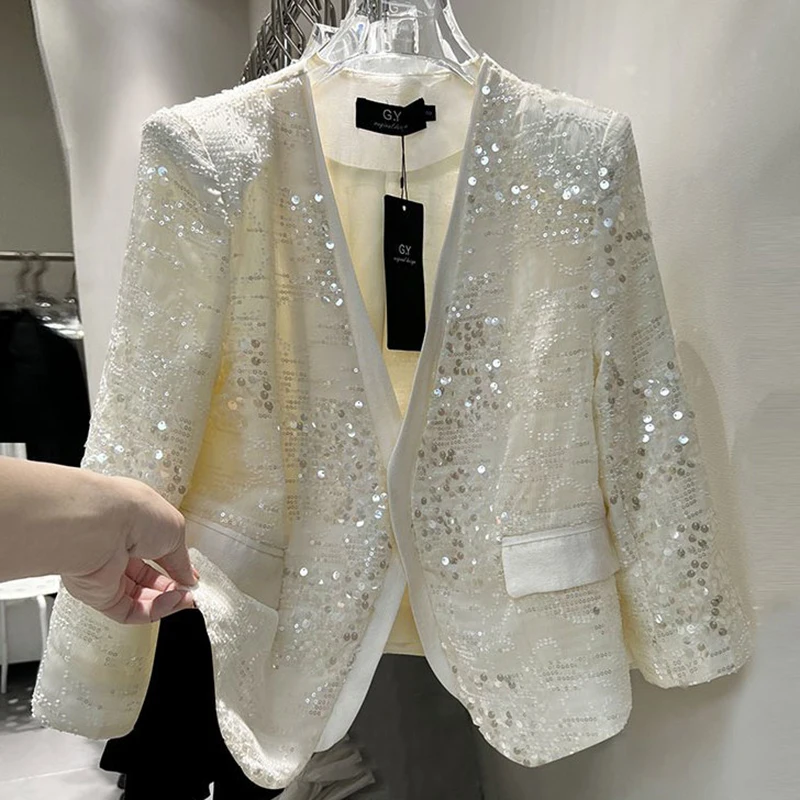 Sparkling blouse female 2024 spring thin short V-neck cropped sleeve sequined coat feminine ladies western-style loose cardigan