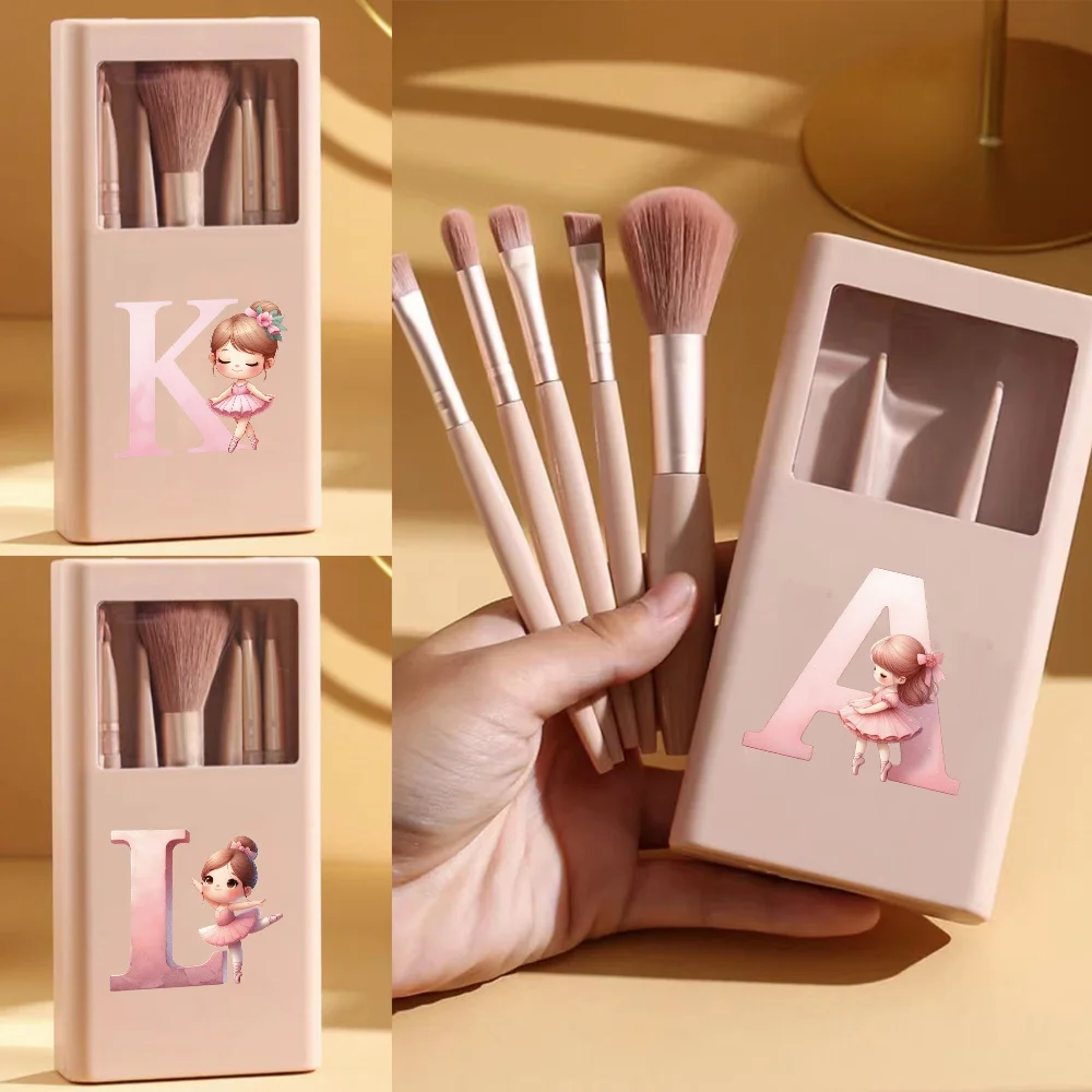 5pcs Loose Powder Brush Set Dustproof Makeup Brush Box Bring a Mirror Portable Travel Accessories Ballerina Girl Letter Pattern