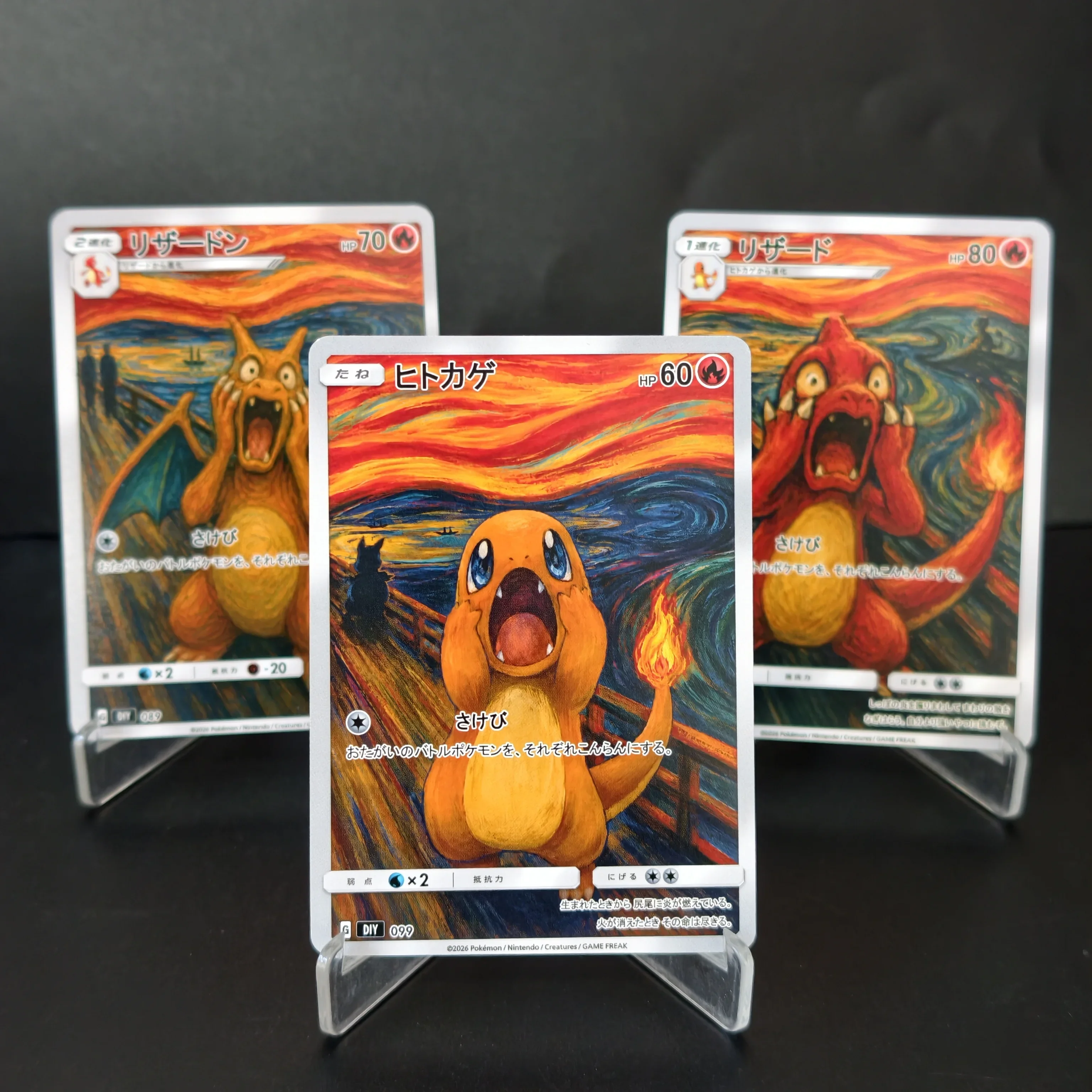 DIY PKM Cards Charizard Blastoise Venusaur The Scream Munch Custom Cards TCG Kanto Starters Evolution Line Anime Game Cards