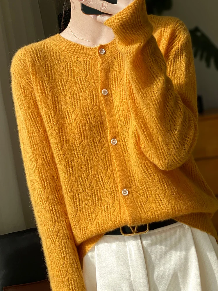 Autumn Winter Women Cable Stitch Cashmere Sweater 100% Merino Wool Knitted Button-Up Cardigan Temperament Fashion Coat 2024 New