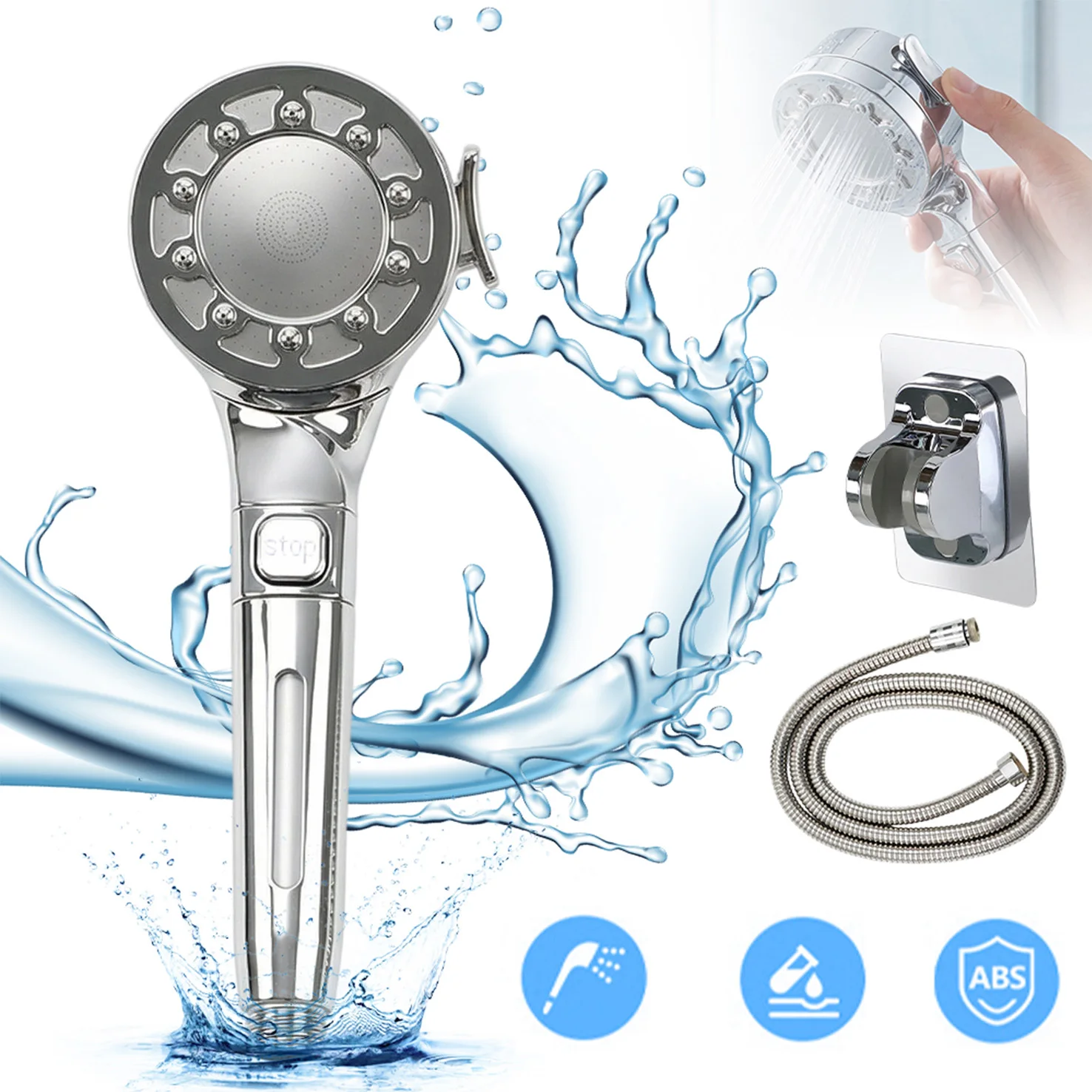 5 modalità di erogazione, soffione doccia portatile ad alta pressione, ugelli che mantengono l’acqua pulita, set soffione doccia portatile, sistema di filtraggio con funzione di pausa dell’acqua a