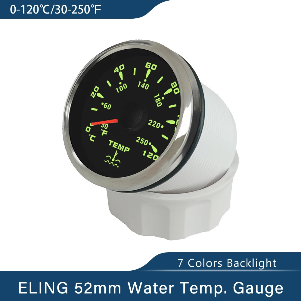 52mm Water Temp Meter 0-120℃/30-250℉ Temperature Gauge Indicator with 7 Colors Backlight for Boat Car Motorcycle 9-32V