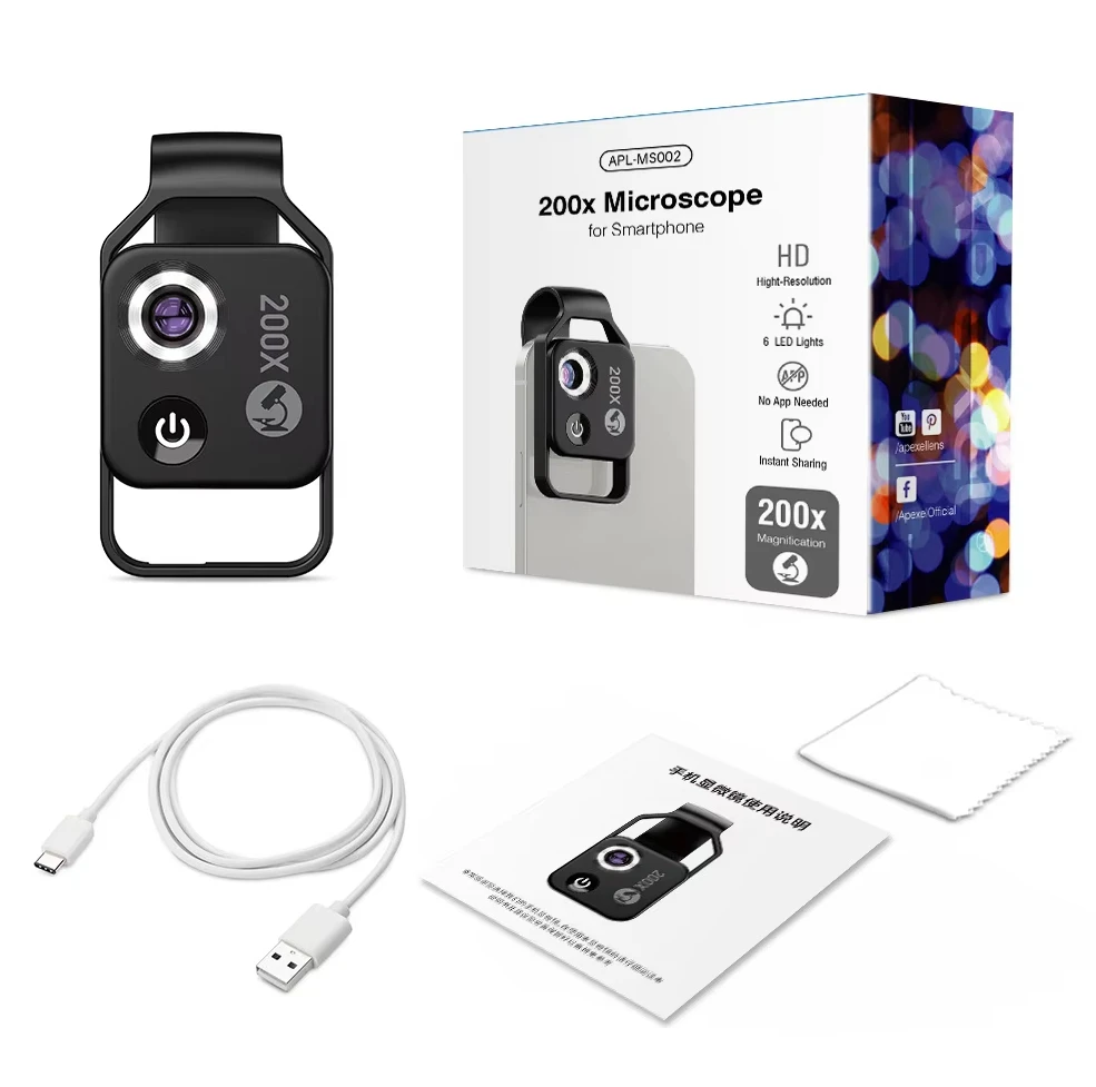 

Apexel HD 200X Portable Microscope Kidsren's Biological Science Experiment Toy Macro Mobile Phone Lens