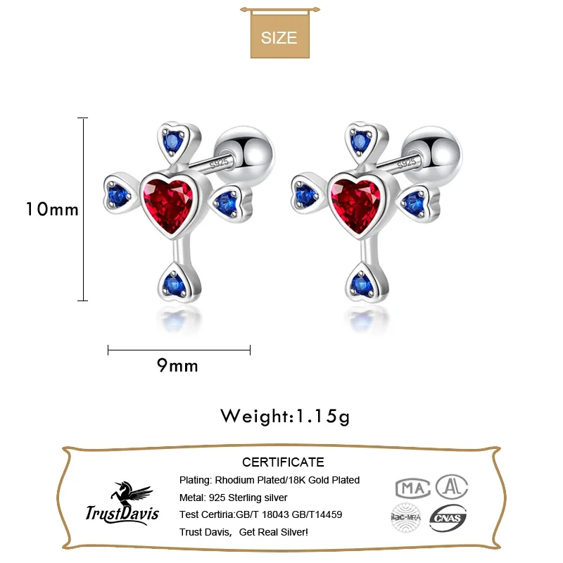 TrustDavis Real 925 Sterling Silver Sweet Heart Cross CZ Screw Stud Earrings For Women Wedding Valentine's Day Jewelry DF222