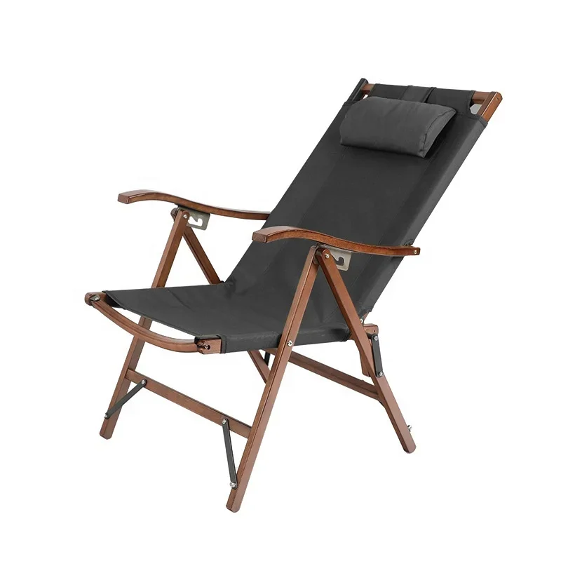 Outdoor wooden portable chair camping beach chair with pillow adjustable lazy folding chair