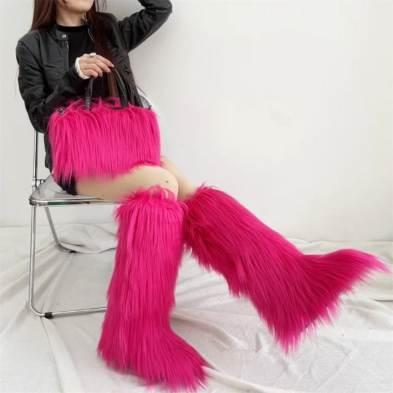 Women's Long Boots Winter 2024 New High-heeled Snow Boots Knee-high Snow Boots Fashion Fur Handbag Plush Wool-like Suit