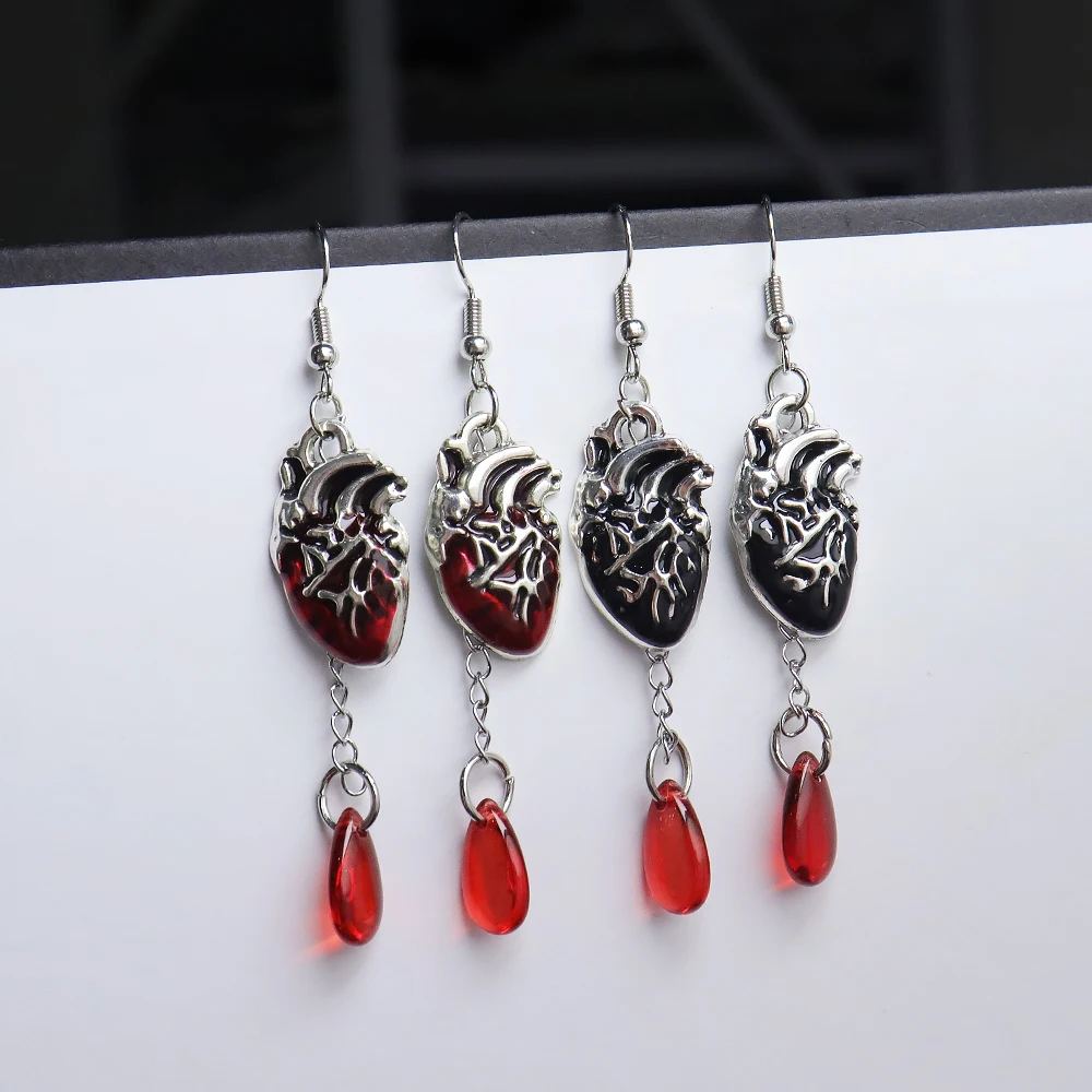 Vintage Gothic Anatomical Heart Drop Earrings Red Blood Crystal Pendant Earrings Punk Rock Party Jewelry