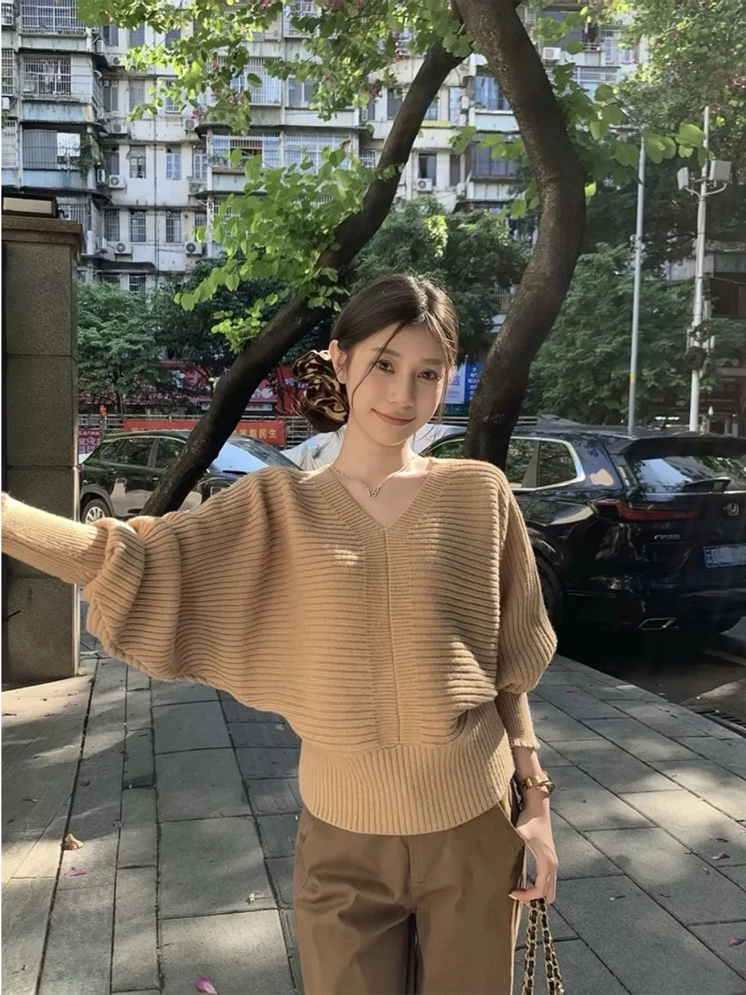 

plus Size Women's Soft Sle V-Ne Batwing Sve Khaki Sweater Autumn Winter Loose Fit Versatile Top Korean Commute Sle