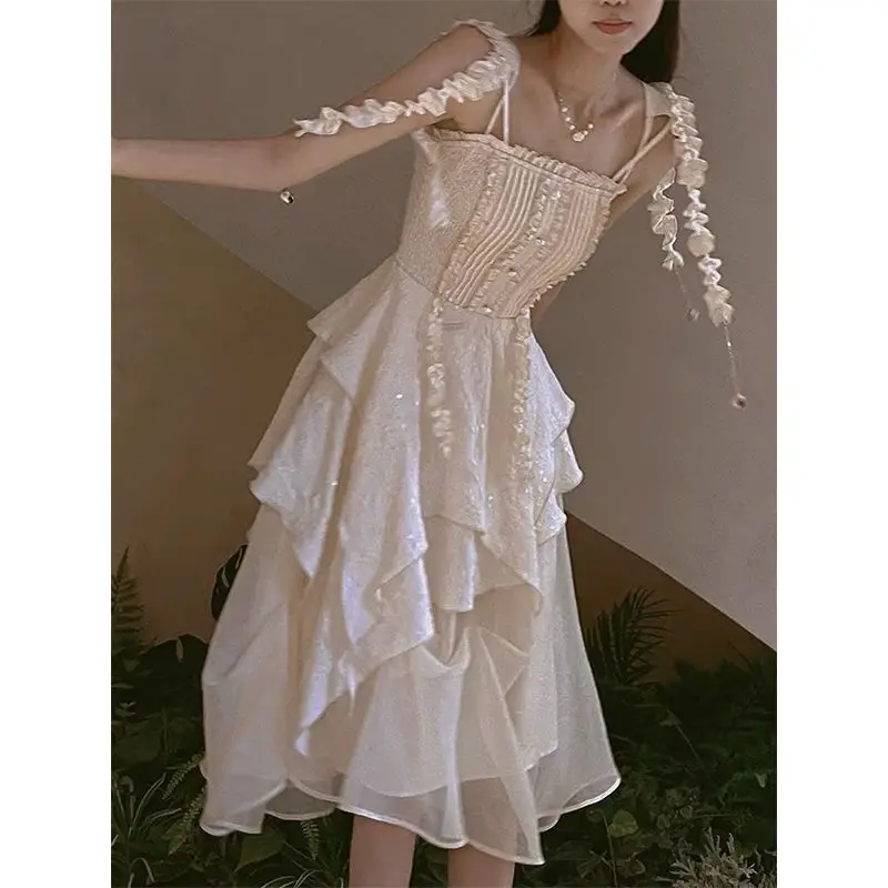 Korejepo Socialite Temperament Dresses Exquisite Luxurious Dress Summer Women Fairy Stunning Age Reducing Suspender Long Vestido